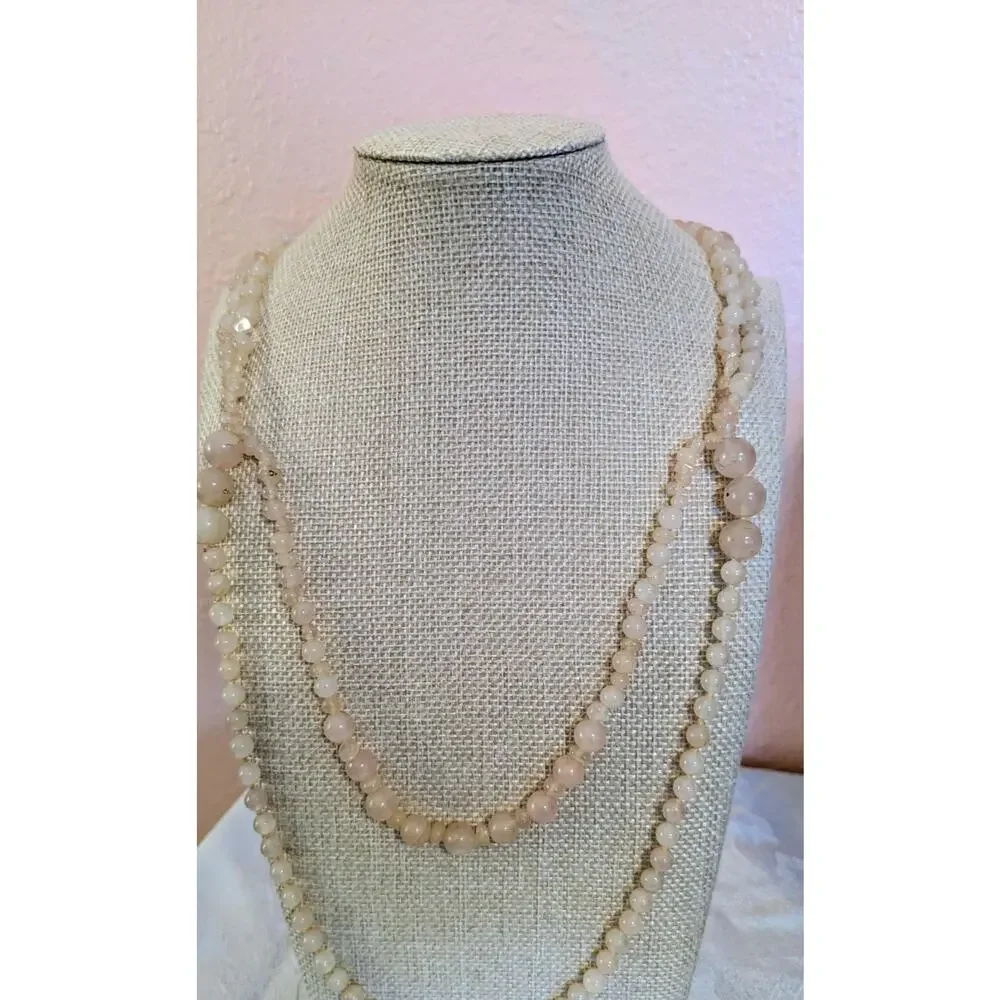 Vintage Natural Rose Quartz Beaded Strand Necklace Long Endless Opera Flapper